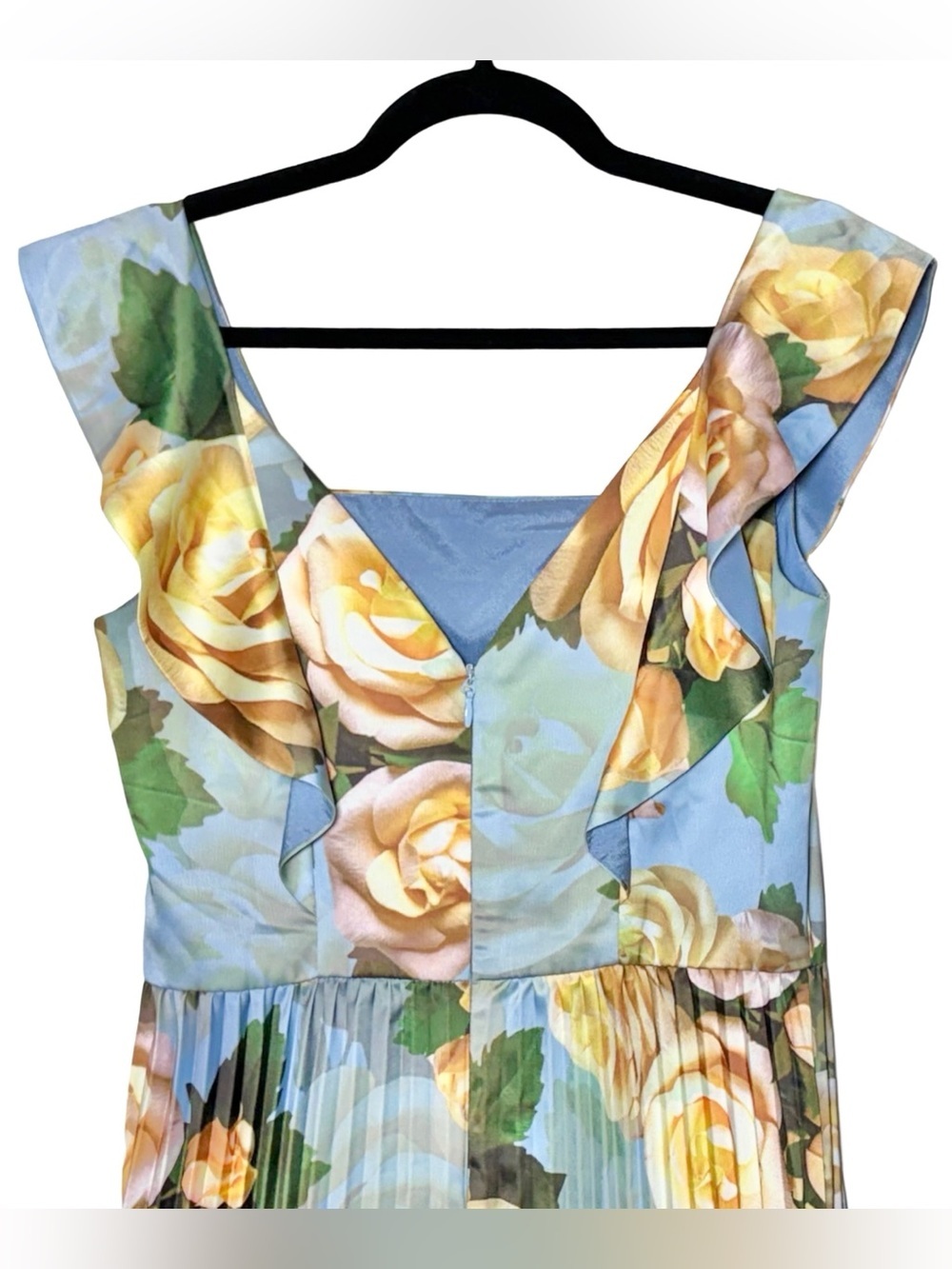 Chi Chi London Blue Floral Pleated Midi Dress with Square Neck, Size US 8; UK 12 - Picture 8 of 14
